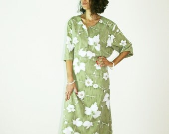 70s Retro dress, vintage dress, green floral dress, button dress, shirt dress, shift dress, xl xxl clothing, maxi dress, hippie gypsy boho
