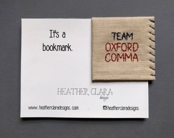 Hand Embroidered Linen Corner Bookmark - Team Oxford Comma