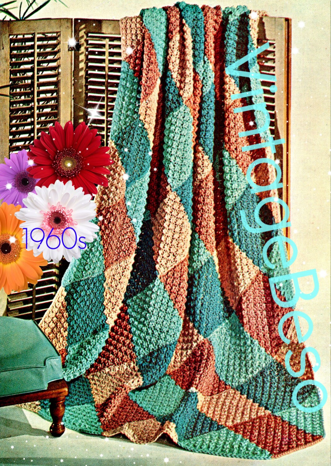Afghan Knitting PATTERN Vintage 1960s Sand and Sea Afghan
