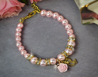 Flower girl bracelet Childrens jewelry Flower girl gift Blush Pearl Baby initial bracelet Personalized Girl initial Kids jewelry