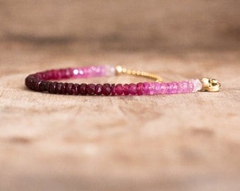 Ombre Ruby Bracelet, July Birthstone, Genuine Ruby Gemstone Stacking Bracelet, Berry Red Ruby Jewelry, Wife Gift, Gemstone Jewellery