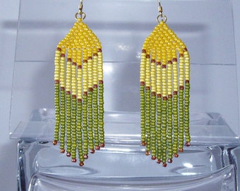 Long beaded earrings Dangle fringe earrings Yellow green earrings Seed bead earrings Ethnic earrings Chandelier earrings Boho earring