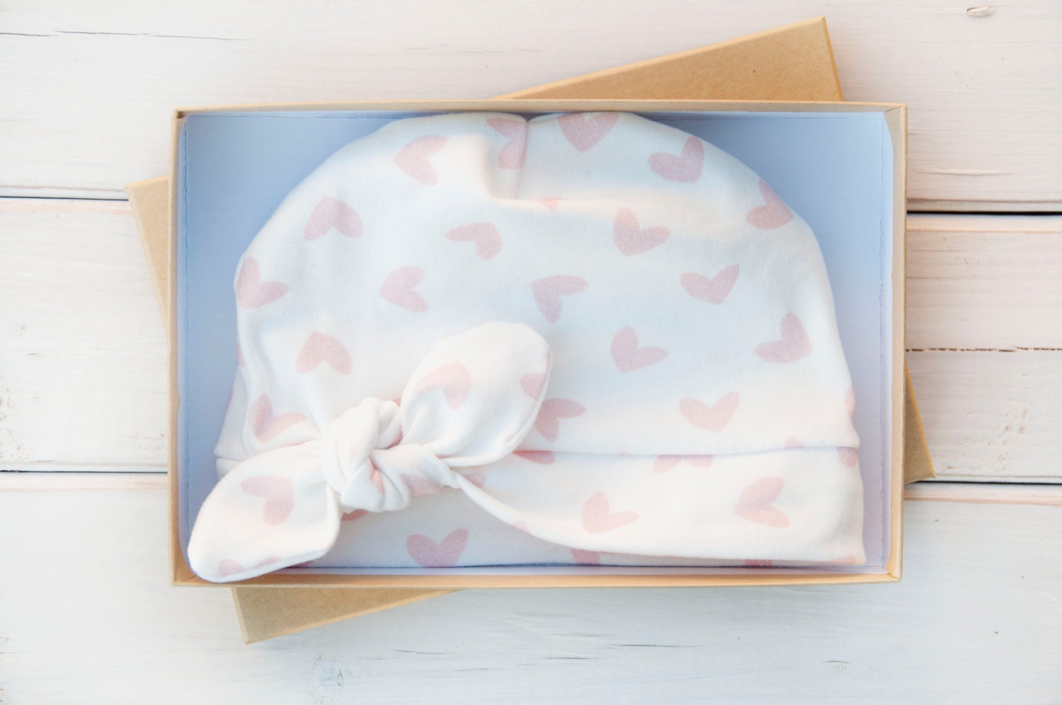 Baby Girl Organic Cotton Newborn Beanie with Bow Pink White