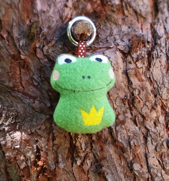 Handmade Frog Keyring in bright green fleece machine