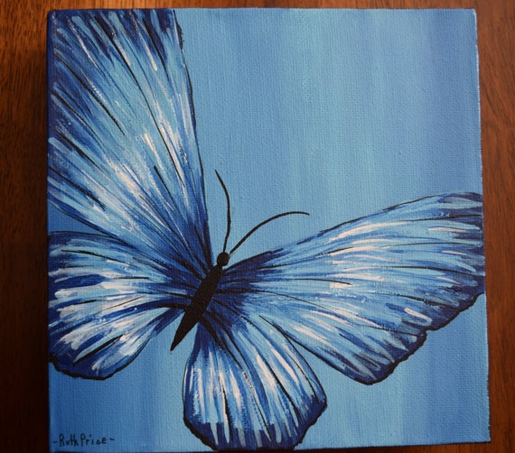Original Blue Butterfly Painting on 6x6 Canvas