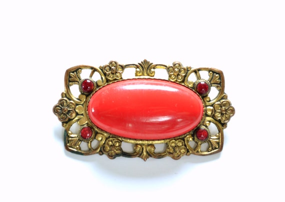 Vintage Edwardian Brooch Early 20th Century Red glass
