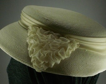 Vintage Ivory Raffia, Straw, Woven Hat with Ruffles - 1950's