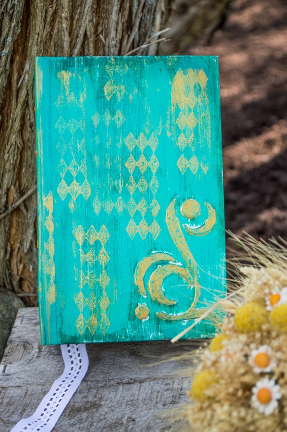 Gold Accent Wedding Guest Book Album ~ weathered and rustic Aqua Blue and gold details - 84 pages - READY TO SHIP