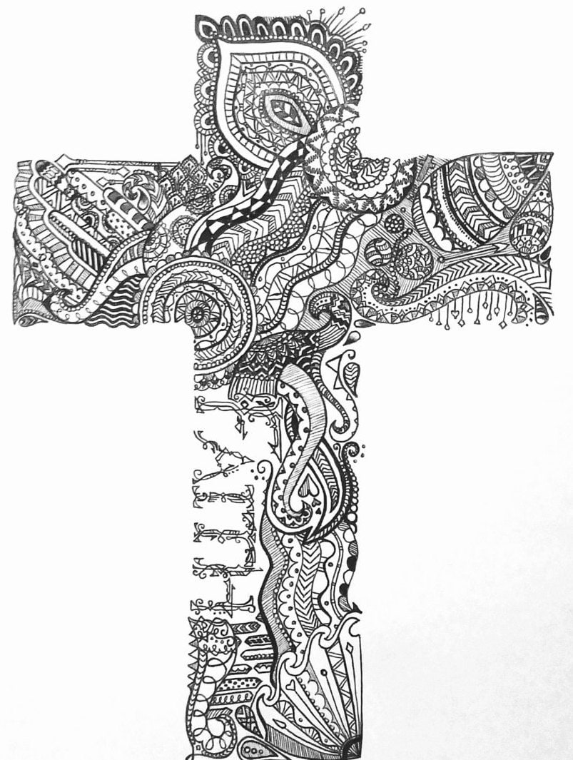 Doodle Art Faith Cross Black and White Pen Drawing Print