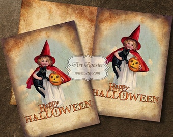 Happy Halloween WITCH Printable Greeting Card Halloween Pumpkin Black Cat Card Vintage Halloween Card Printable Image Halloween Image
