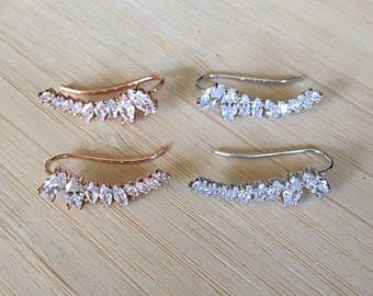 Gia Earrings. 18K White Gold or Rose Gold Plated Cubic Zirconia Ear Climbers Earrings. Ear Hook. Ear Wrap. Crystal Ear Crawler.