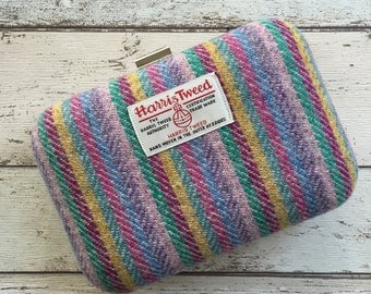 Harris Tweed Box Clutch Bag, Harris Tweed Bag, Bright Rainbow stripe Bag, Bright coloured Bag, Clutch Bag, Liberty Print, Unicorn Bag