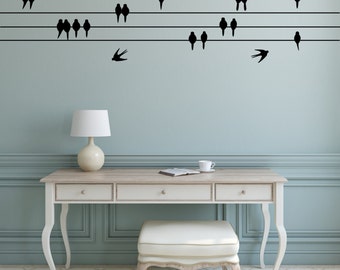 Perched Birds Wall Sticker - Sitting & Flying Birds - Bird Wall Decal | Flying birds wall decor | Flock of birds on wire wall decal