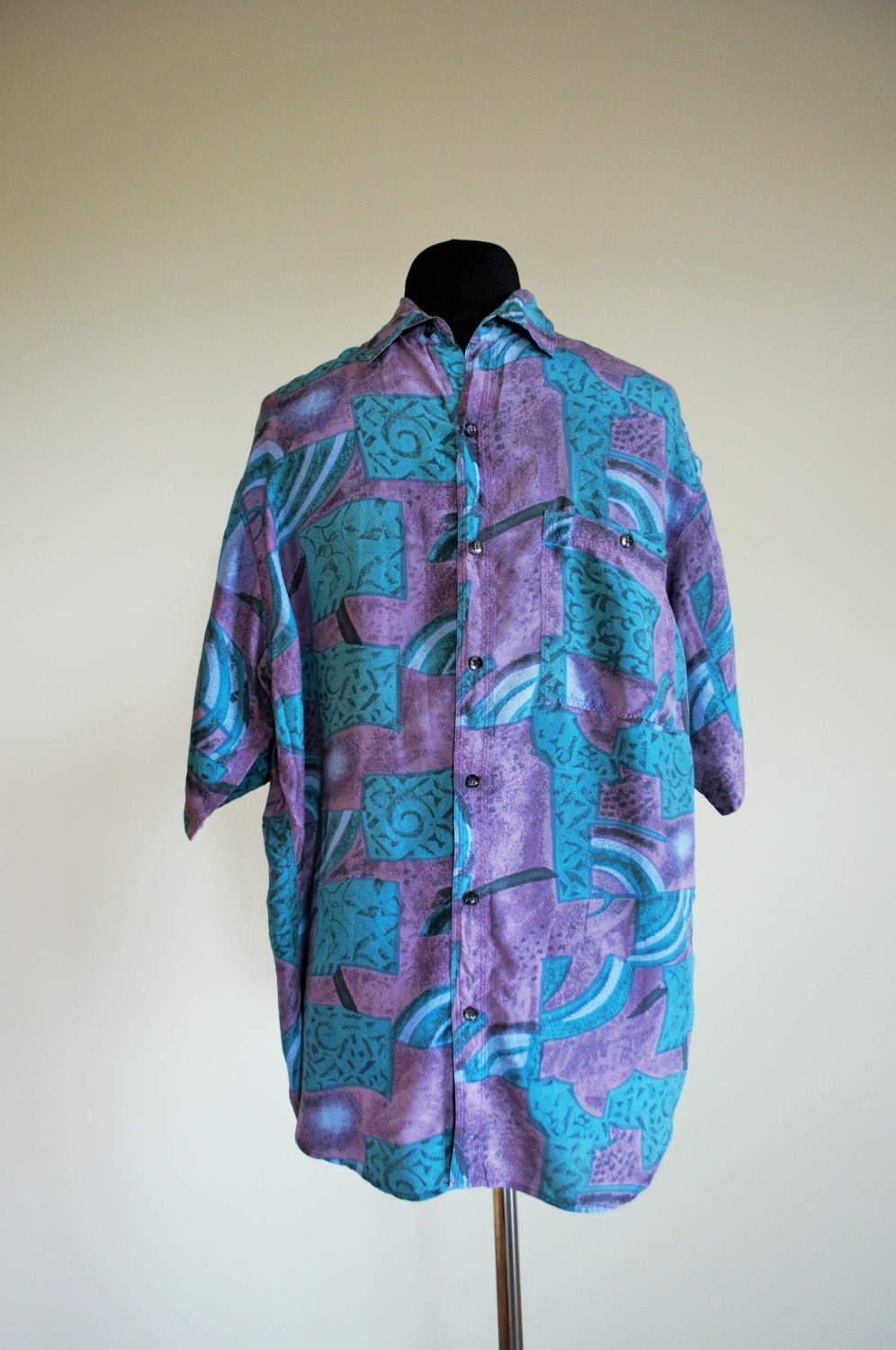 Vintage Mens Silk Shirt / Buttons down / Pure Silk / Medium
