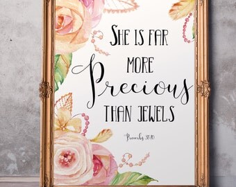 Baptism gift girl Scripture Art She is far more precious than jewels Bible verse Proverbs 31:10 Baby girl wall art Christian quote