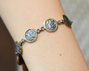 Antique Look Coin Bracelet / Oxidized Sterling Silver and 22K Gold Bracelet / Ethnic Bracelet / Vintage Look Coin Bracelet