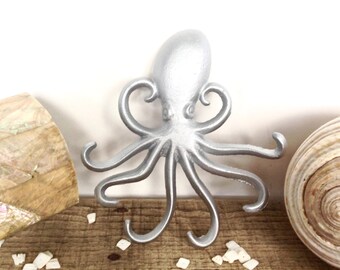 Silver Octopus Hook - Jewelry Hanger - Silver Wall Art - Necklace Holder - Bathroom Wall Art - Silver Decor - Octopus Wall Art - Key Holder