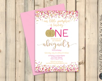Sweet Little Pumpkin, Pink and Gold Pumpkin Birthday Invitation, Pumpkin Birthday Invite, ONE, First Birthday, Confetti Glitter, DIGITAL
