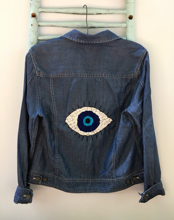 Embroidered Evil Eye denim jacket Small LL by savingmyvintageheart