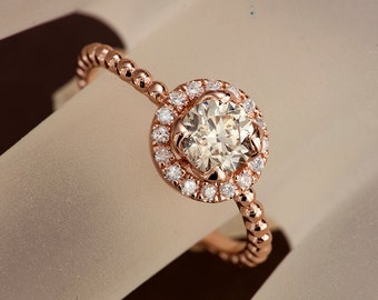Champagne Diamond Engagement Ring in Solid Rose Gold, with beaded band and diamond halo