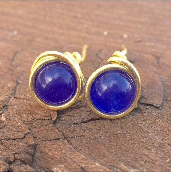 Items similar to Dark Blue Earrings Blue Stone Jewelry Gold Stud