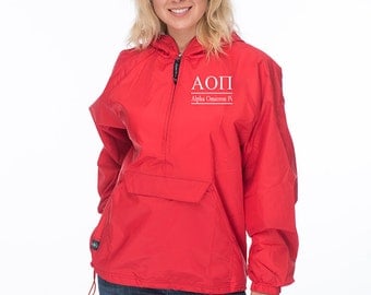 Alpha Omicron Pi Windbreaker lined with flannel lining, AOPi Sorority Rain Jacket, AOii sorority Anorak, AOPi Greek Apparel,AOii Greek Gear