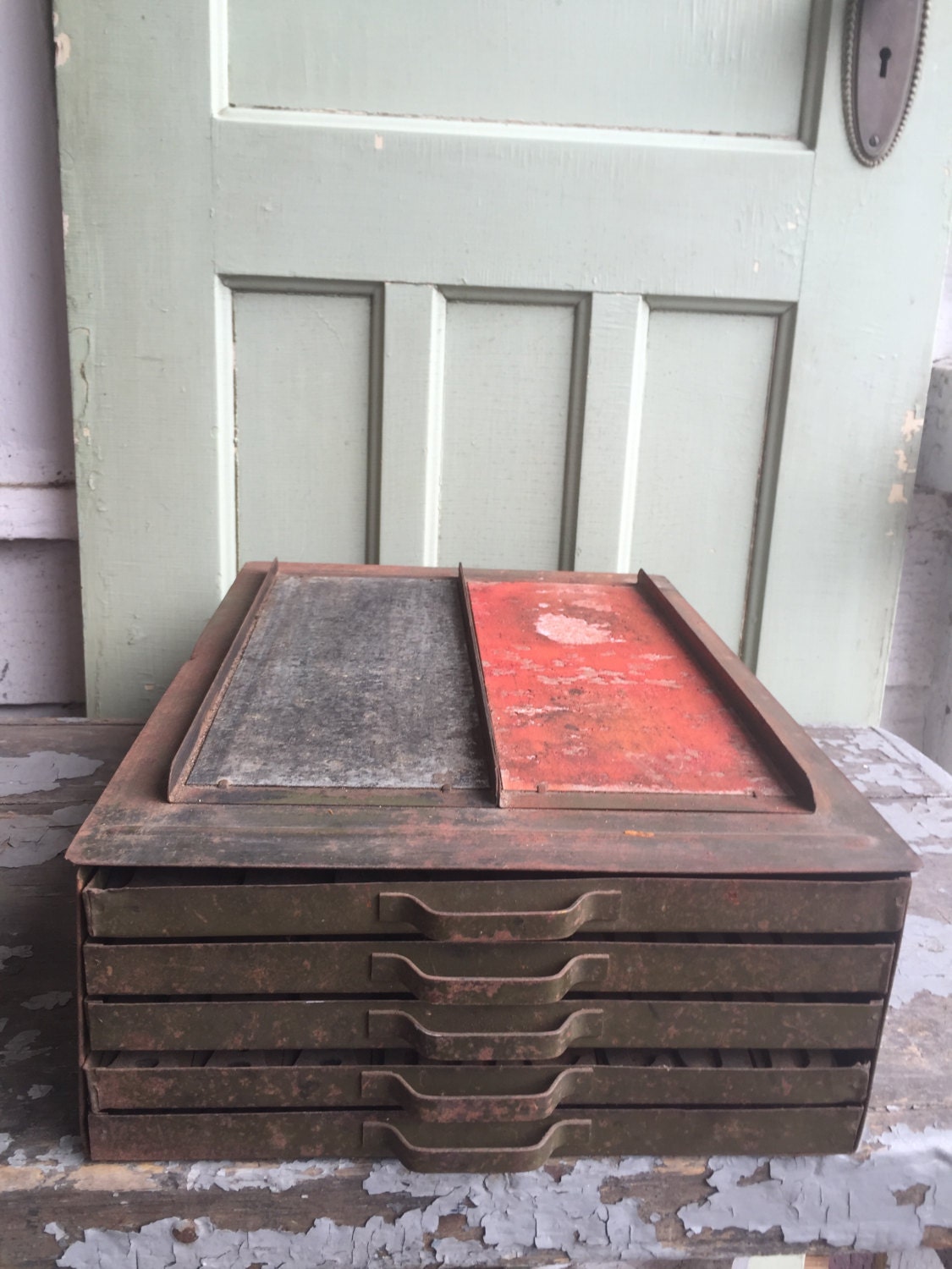 Antique Printing Press Five Drawer Metal Filled with