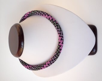 Zigzag Violet Purple Black Silver Beaded Crochet Rope Necklace - Beadwork Handmade Necklaces - Seed beads jewelry - Classic Crocheted