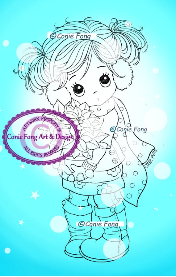 Digital Stamp, Digi Stamp, digistamp,  Holly Poinsettia by Conie Fong, Christmas, Winter, girl, poinsettia, flowers, coloring page, children