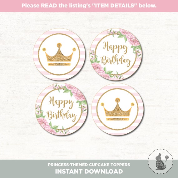 PRINCESS CUPCAKE TOPPERS. Instant Download. Pink and Gold Birthday ...