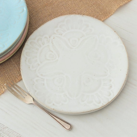 Handmade small ceramic side plate vintage lace white plate