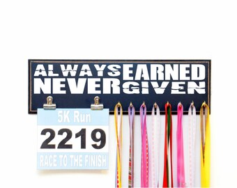 Running medal holder - Always Earned Never Given - Race Bib and Race Medal Holder - Race Medal Rack - Medal Holder - Running Medal Display
