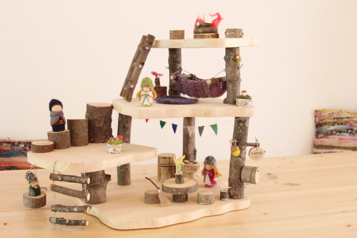 Wooden Treehouse Play Set. Waldorf Doll House. Fairy Garden