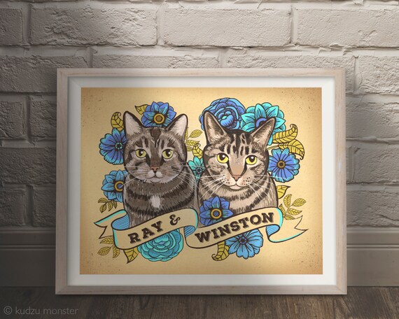 Custom Illustrated 2 in 1 Pet Portrait art in a tattoo floral