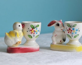 Vintage Bunny and Chick Childs Ceramic Eggcups / Animal Eggcups / Shafford Ware Eggcups / Easter Colours Eggcups