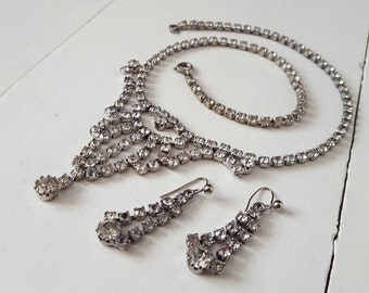 Diamontè 1950's Clear Stone *Princess* Style, Necklace and Pierced Earrings Set. Wedding, Bride, Bridesmaid