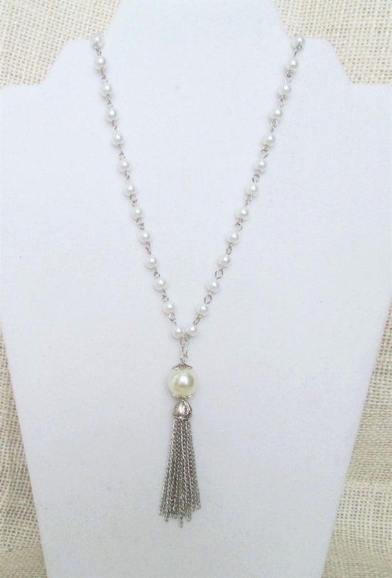 Long Pearl tassel Necklace Silver Tassel Necklace White