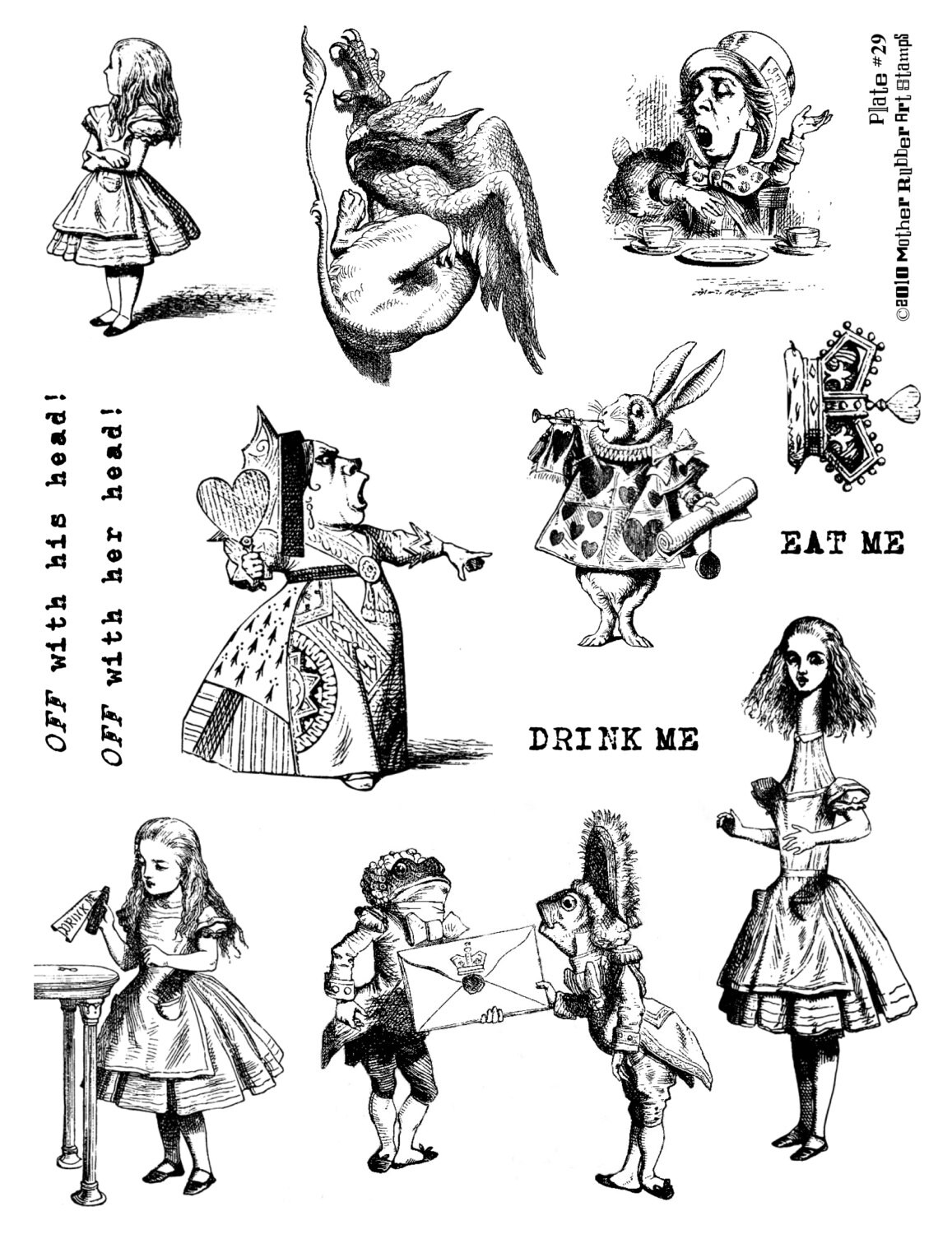 Full Sheet Red Rubber Stamps Alice in Wonderland 1 designs