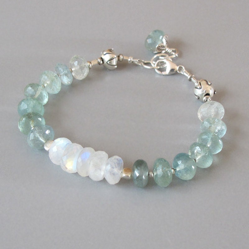 Aquamarine Rainbow Moonstone Bracelet Sterling Silver Bead