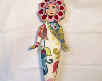 Large Flower Power Fantasy cloth art doll form w/face cab 12 1/2 in. tall You finish her Bead Decorate