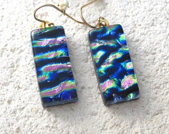 Pink Black Earrings, Dichroic Glass Earrings, Fused Glass Jewelry, Dangle Drop Earrings, Gold Filled Earrings, Dichroic Jewelry, 101516e101