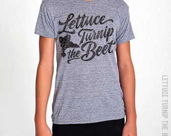 SALE lettuce turnip the beet ® trademark brand OFFICIAL SITE - grey track t shirt with cursive logo - youth sizes - farmers market, funny