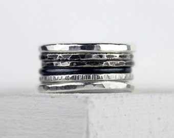 Ombre Silver Stacking Rings, Hammered Silver, Varied Texture, Unique Rings, Set of Six