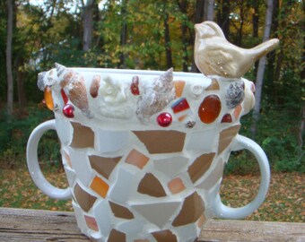 Hand Made OOAK Mosaic Art Planter w/ Bird and Handles Indoor/Outdoor Garden Brown Red White