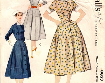 1950s McCall's 9932 Vintage Sewing Pattern Misses Princess Dress, Duster, Afternoon Dress, Spectator Dress Size 12 Bust 30, Size 14 Bust 32
