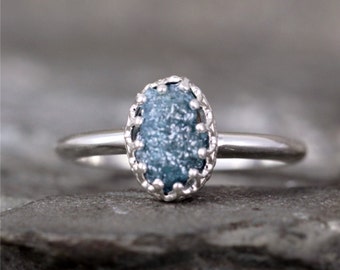 Raw Blue Diamond Ring - Crown Style Setting - Sterling Silver - Rough Uncut Conflict Free Diamond - Engagement Rings - April Birthstone Ring