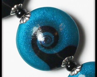 Wave... Handmade Polymer Clay Beads Set Turquoise Teal Aqua Black Silver Bead Caps Swirl Spiral Sparkle Jewelry Supplies Beach Ocean Sea