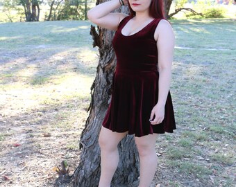 Mulled Wine Velvet Skater Dress ~ Handmade, Soft, Stretch, Maroon, Deep Red, Circle Skirt