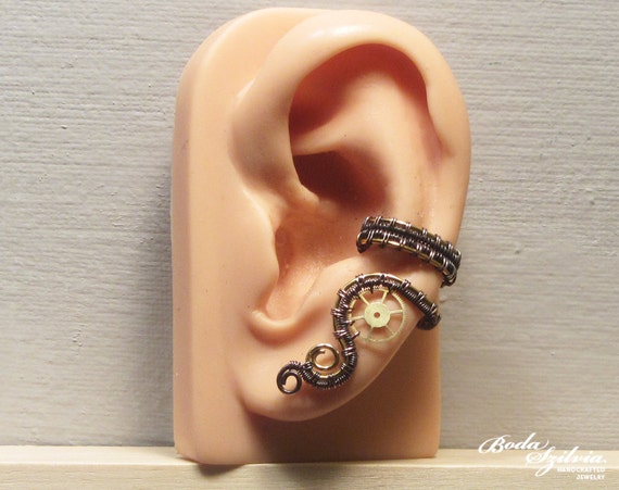 STEAMPUNK EAR CUFF - wire wrapped ear wrap, copper & brass gear ear cuff, no piercing ear cuff, adjustable ear cuff, steampunk jewelry by bodaszilvia steampunk buy now online