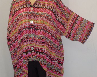 Coco and Juan, Plus Size Top, Lagenlook Pink Kilim Print High Low, Plus Size Shirt Jacket, OS 1X 2X 3X Bust to 64 inches